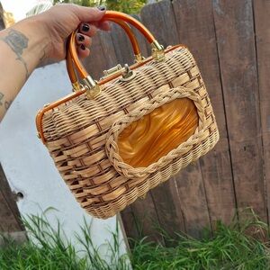 Tan and Orange Woven Clutch with Lucite Accents